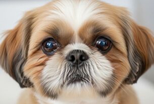 Shih Tzu de pelagem clara com olhos limpos e saudáveis, prevenindo manchas lacrimais no Shih Tzu.