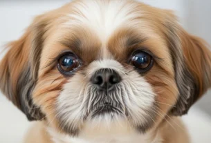Shih Tzu de pelagem clara com olhos limpos e saudáveis, prevenindo manchas lacrimais no Shih Tzu.