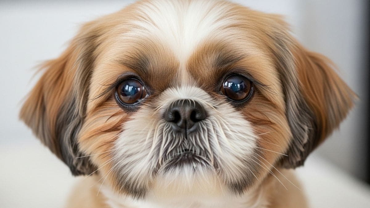 Shih Tzu de pelagem clara com olhos limpos e saudáveis, prevenindo manchas lacrimais no Shih Tzu.