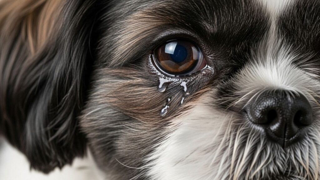 Close-up de olho de Shih Tzu bicolor lacrimejando sutilmente (epífora), ilustrando o transbordamento de lágrima que leva às manchas lacrimais no Shih Tzu.