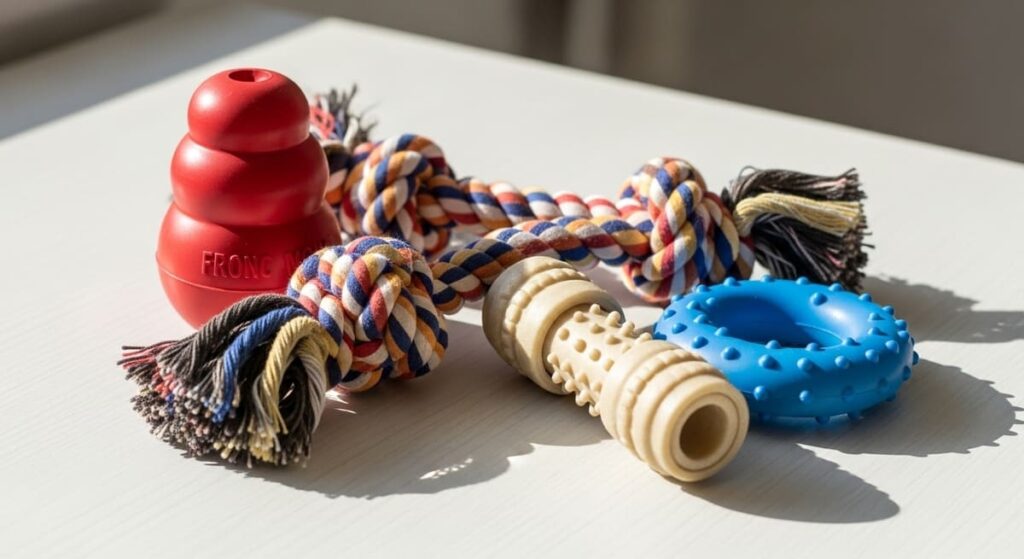 Como Fazer Shih Tzu Parar de Morder: Passo a Passo para Donos Responsáveis 4 Variedade de brinquedos de borracha e corda essenciais para a fase de dentição e para conseguir como fazer Shih Tzu parar de morder.