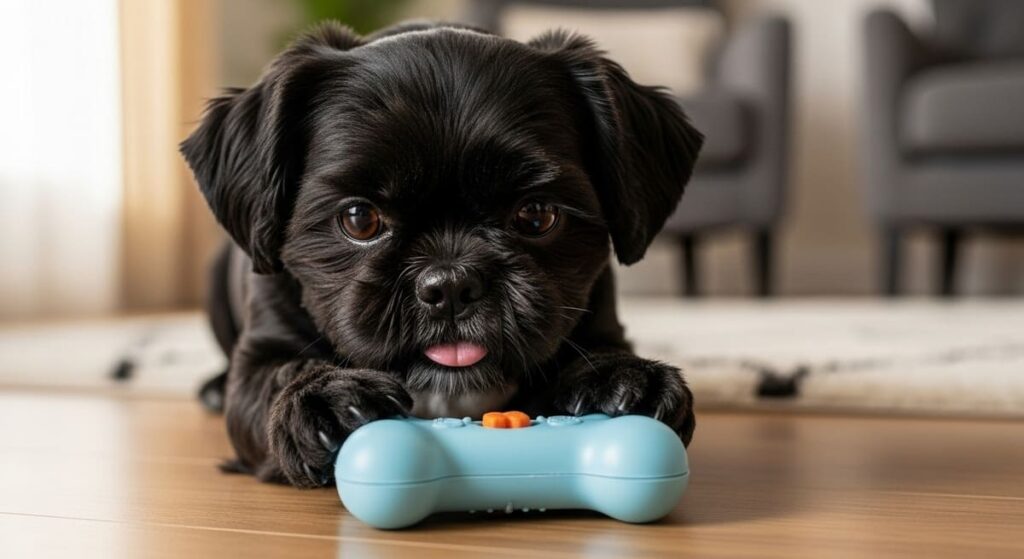 Como Fazer Shih Tzu Parar de Morder: Passo a Passo para Donos Responsáveis 5 Shih Tzu concentrado em um brinquedo de enriquecimento mental para combater o tédio e reduzir a mordida destrutiva.