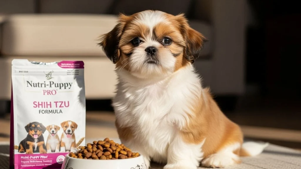 Filhote de Shih Tzu saudável, pelagem brilhante e olhos vivos resultado de ração de qualidade