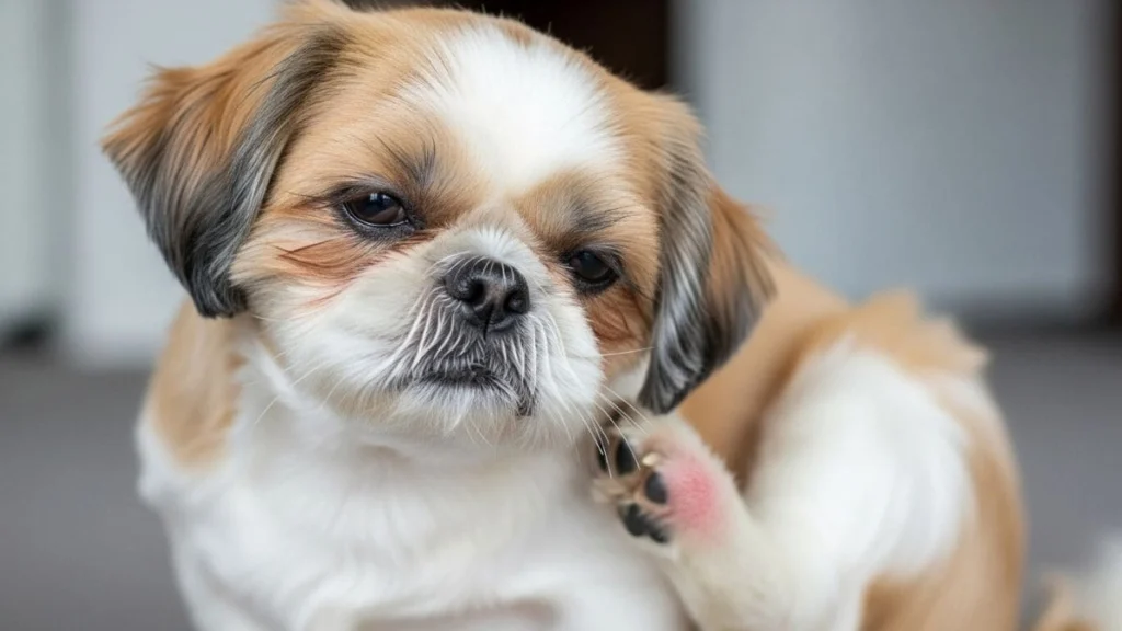Shampoo de Bebê no Shih Tzu: Orientações Completas e Seguras para o Seu Pet 2 Shih Tzu bicolor coçando a orelha com a pata, com foco na irritação da pele, ilustrando a sensibilidade que exige cuidados como o uso de shampoo de bebê no Shih Tzu