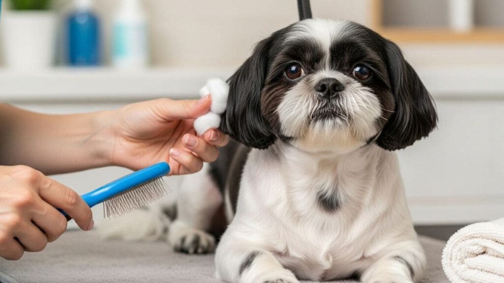 Shampoo de Bebê no Shih Tzu: Orientações Completas e Seguras para o Seu Pet 7 Shih Tzu bicolor com algodão nos ouvidos sendo penteado, ilustrando os cuidados com os ouvidos e banho para evitar irritações