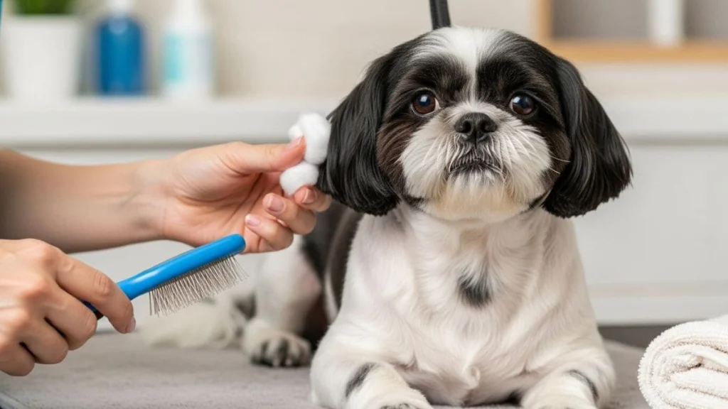 Shampoo de Bebê no Shih Tzu: Orientações Completas e Seguras para o Seu Pet 7 Shih Tzu bicolor com algodão nos ouvidos sendo penteado, ilustrando os cuidados com os ouvidos e banho para evitar irritações