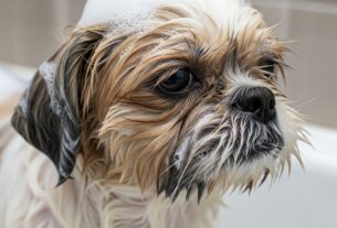 Shih Tzu de pelagem clara sendo banhado com shampoo adequado (pH neutro) por mãos humanas, evitando o uso de shampoo de bebê no Shih Tzu para proteger a pele.