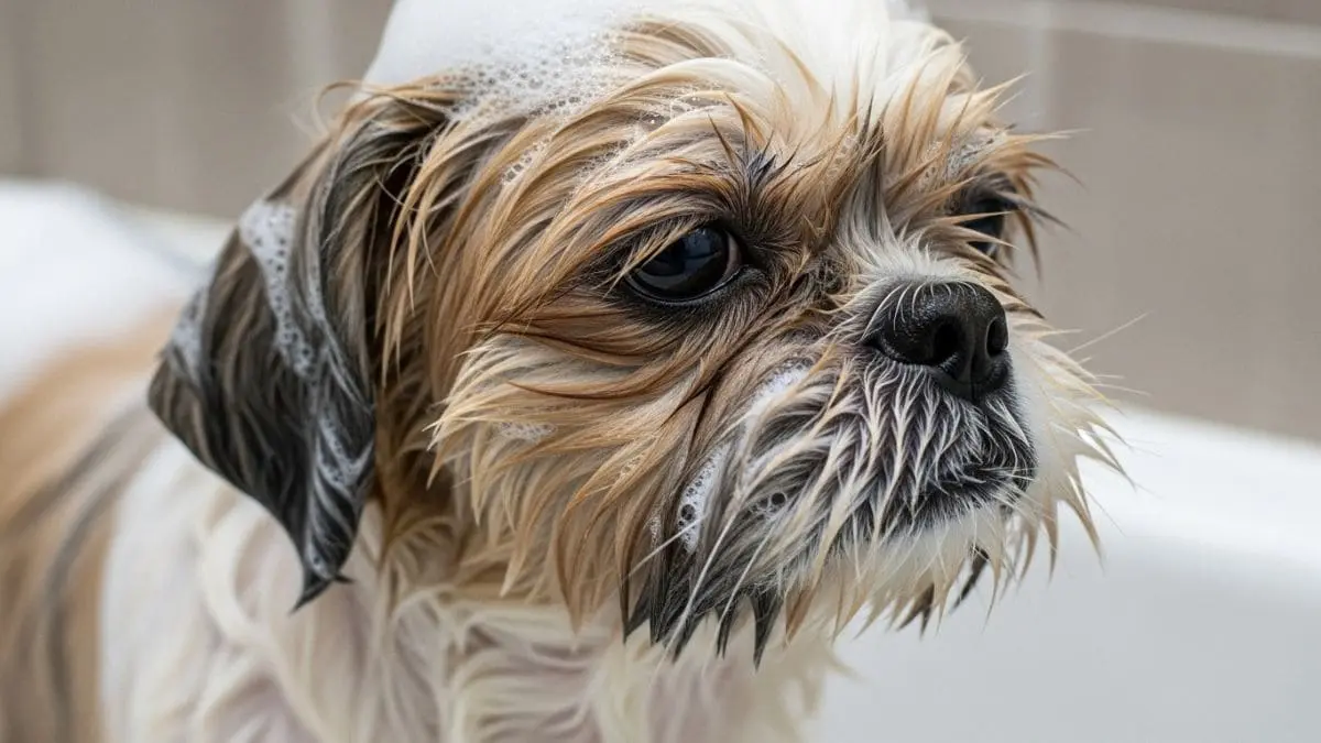 Shampoo de Bebê no Shih Tzu: Orientações Completas e Seguras para o Seu Pet 1 Shih Tzu de pelagem clara sendo banhado com shampoo adequado (pH neutro) por mãos humanas, evitando o uso de shampoo de bebê no Shih Tzu para proteger a pele.
