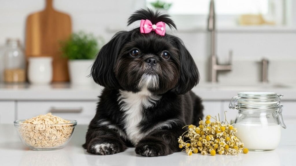 Shampoo de Bebê no Shih Tzu: Orientações Completas e Seguras para o Seu Pet 6 Shih Tzu bicolor sorrindo ao lado de condicionador e shampoo canino, escova e toalha, ilustrando produtos complementares de higiene para shih tzu