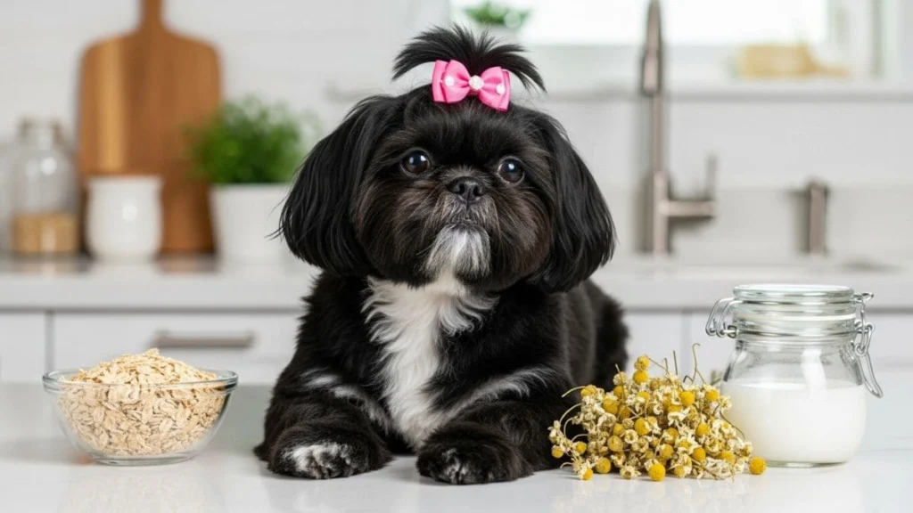Shampoo de Bebê no Shih Tzu: Orientações Completas e Seguras para o Seu Pet 6 Shih Tzu bicolor sorrindo ao lado de condicionador e shampoo canino, escova e toalha, ilustrando produtos complementares de higiene para shih tzu