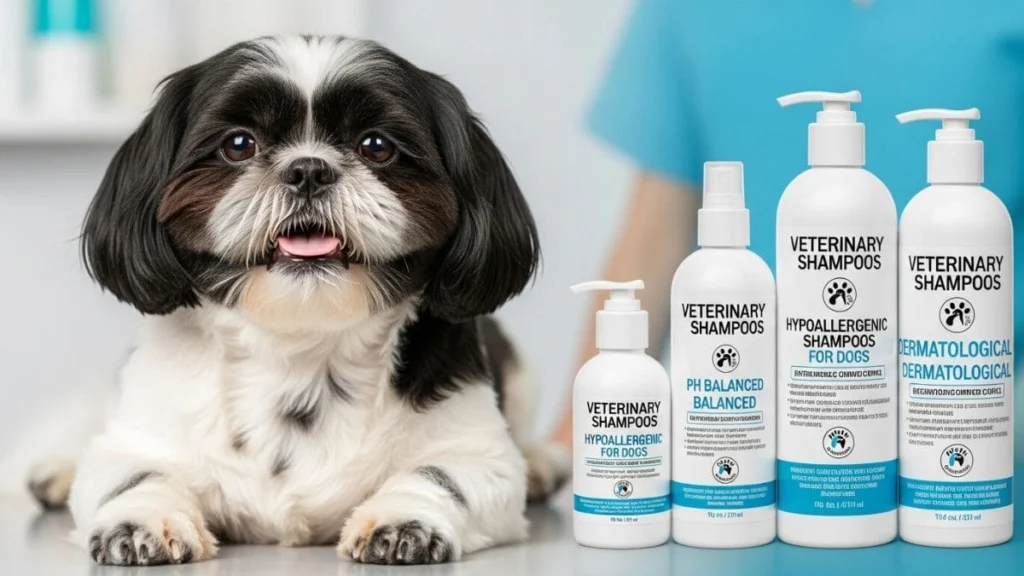 Shampoo de Bebê no Shih Tzu: Orientações Completas e Seguras para o Seu Pet 3 Shih Tzu bicolor sorrindo ao lado de shampoos veterinários hipoalergênicos e pH balanceado, ilustrando a alternativa ideal ao shampoo de bebê no Shih Tzu