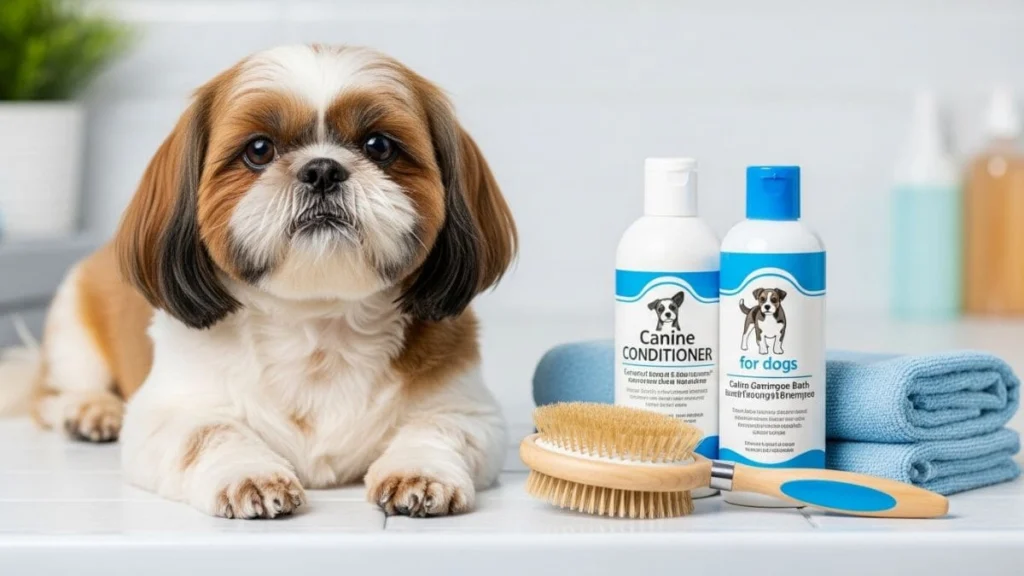 Shampoo de Bebê no Shih Tzu: Orientações Completas e Seguras para o Seu Pet 5 Shih Tzu bicolor sorrindo ao lado de condicionador e shampoo canino, escova e toalha, ilustrando produtos complementares de higiene para shih tzu