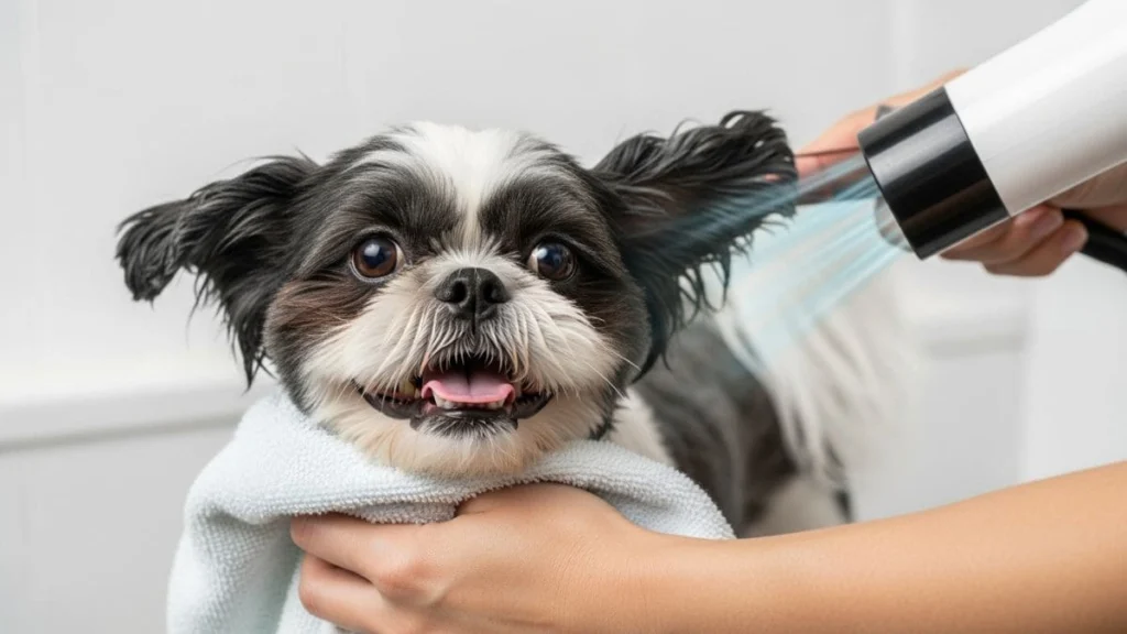 Shampoo de Bebê no Shih Tzu: Orientações Completas e Seguras para o Seu Pet 4 Shih Tzu bicolor sendo secado com secador após o banho, com toalha, ilustrando a rotina de higiene e o cuidado pós-shampoo