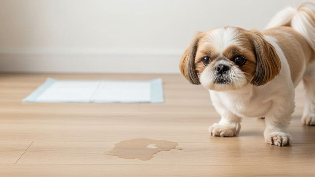 Shih Tzu filhote olhando para xixi no chão, com tapete higiênico ao fundo, ilustrando a dificuldade em fazer xixi no lugar certo no comportamento do Shih Tzu