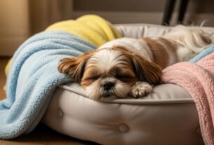 Shih Tzu bicolor dormindo profundamente em cama de cachorro macia e acolhedora, com mantas coloridas, ilustrando o conforto ideal da cama para Shih Tzu