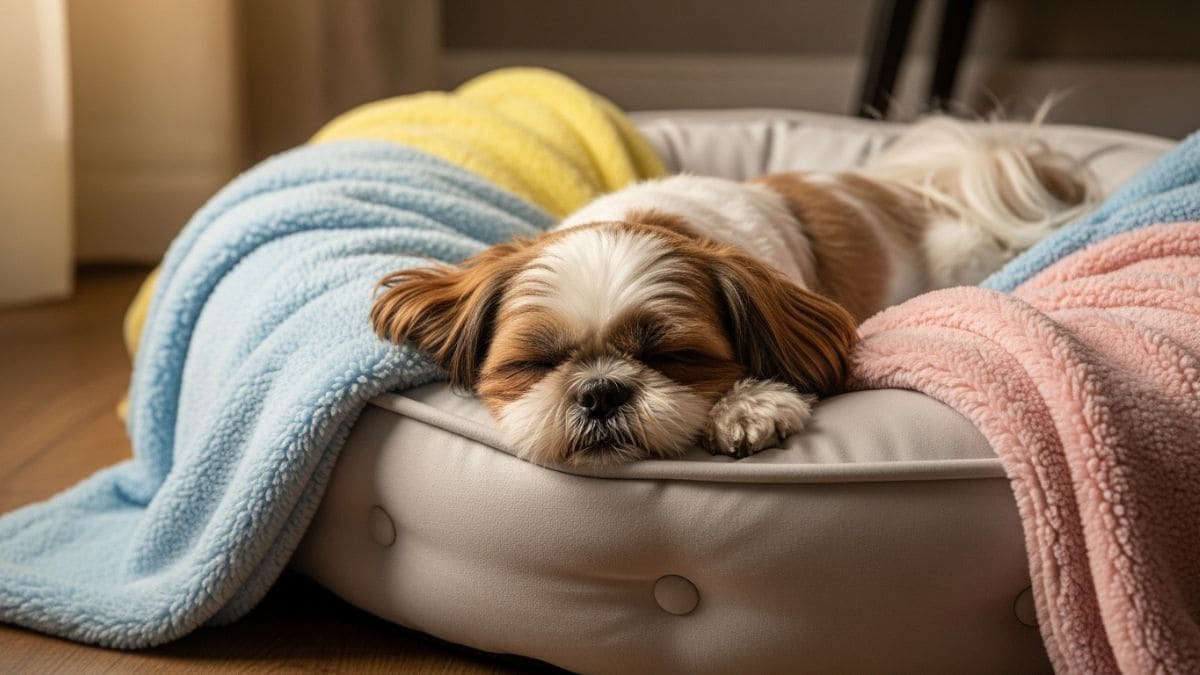 Shih Tzu bicolor dormindo profundamente em cama de cachorro macia e acolhedora, com mantas coloridas, ilustrando o conforto ideal da cama para Shih Tzu