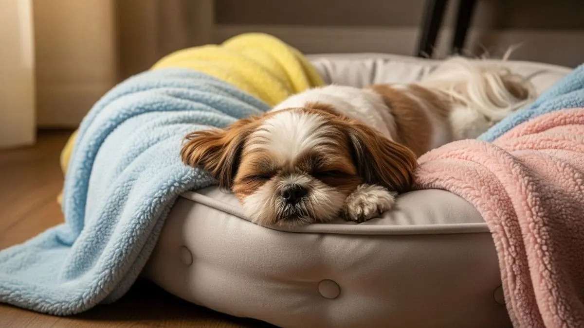 Cama para Shih Tzu: Como Escolher a Melhor Caminha Ortopédica para o Seu Pet 1 Shih Tzu bicolor dormindo profundamente em cama de cachorro macia e acolhedora, com mantas coloridas, ilustrando o conforto ideal da cama para Shih Tzu