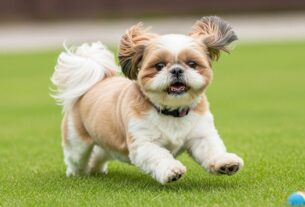 Shih Tzu alegre de pelagem marrom e branca correndo em gramado verde com bola, ilustrando o comportamento brincalhão do Shih Tzu