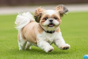 Shih Tzu alegre de pelagem marrom e branca correndo em gramado verde com bola, ilustrando o comportamento brincalhão do Shih Tzu