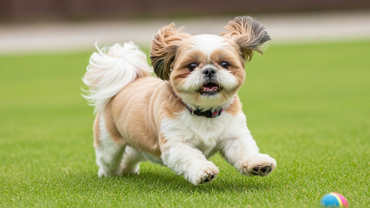 Shih Tzu alegre de pelagem marrom e branca correndo em gramado verde com bola, ilustrando o comportamento brincalhão do Shih Tzu