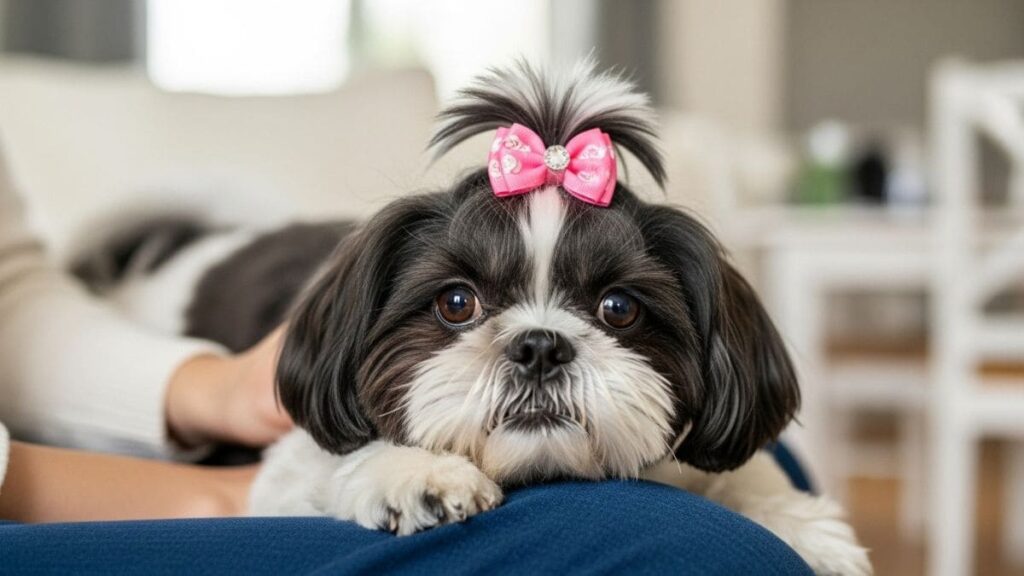 Shih Tzu bicolor com laço rosa no topete, deitado no colo de uma pessoa, ilustrando o comportamento afetuoso e dócil do Shih Tzu