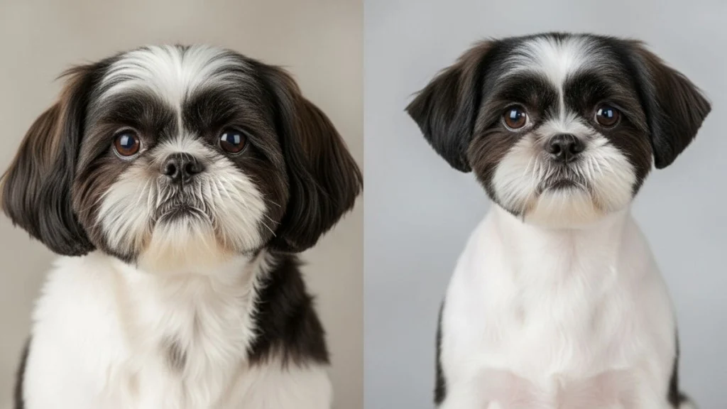Tosa Bebê em Shih Tzu: Guia Completo com Dicas e Cuidados Essenciais 2 Comparação de tosa: Shih Tzu bicolor com pelo longo arredondado à esquerda e tosa bebê mais curta à direita, ilustrando a diferença da tosa bebê em Shih Tzu
