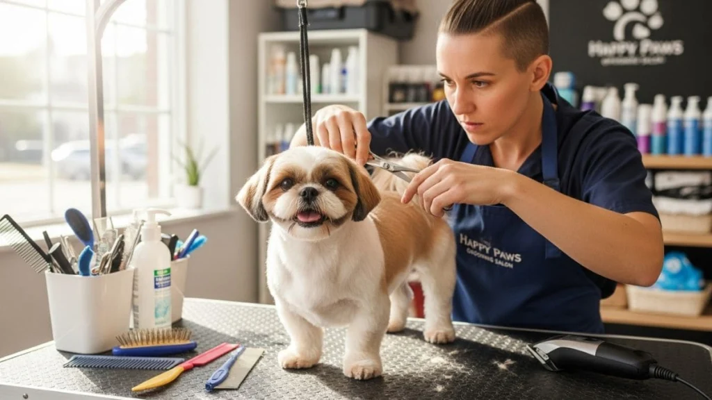 Tosa Bebê em Shih Tzu: Guia Completo com Dicas e Cuidados Essenciais 3 Técnico de banho e tosa realizando a tosa bebê em Shih Tzu bicolor no salão, usando tesoura, ilustrando a manutenção da tosa bebê em Shih Tzu