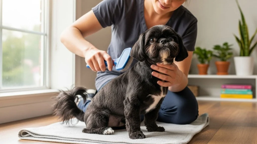 Tosa Bebê em Shih Tzu: Guia Completo com Dicas e Cuidados Essenciais 4 Tutor escovando pelagem do Shih Tzu preto com escova azul, ilustrando os cuidados diários e manutenção da tosa bebê em Shih Tzu