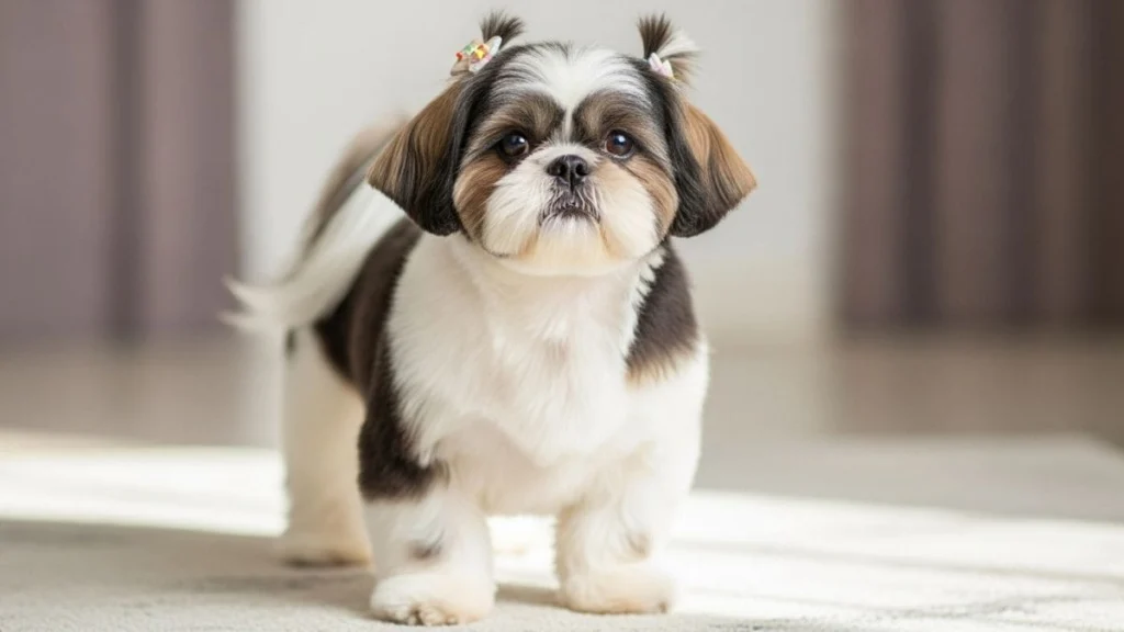 Tosa Bebê em Shih Tzu: Guia Completo com Dicas e Cuidados Essenciais 6 Shih Tzu bicolor em tosa bebê perfeita, com pelo curto e limpo e topetes duplos, ilustrando o resultado ideal da tosa bebê em Shih Tzu