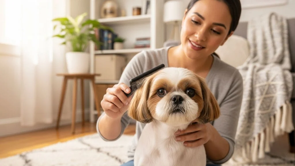 Tosa Bebê em Shih Tzu: Guia Completo com Dicas e Cuidados Essenciais 5 Tutor penteando o topete de Shih Tzu bicolor com pente fino, ilustrando a escovação e cuidados com a pelagem da tosa bebê em Shih Tzu