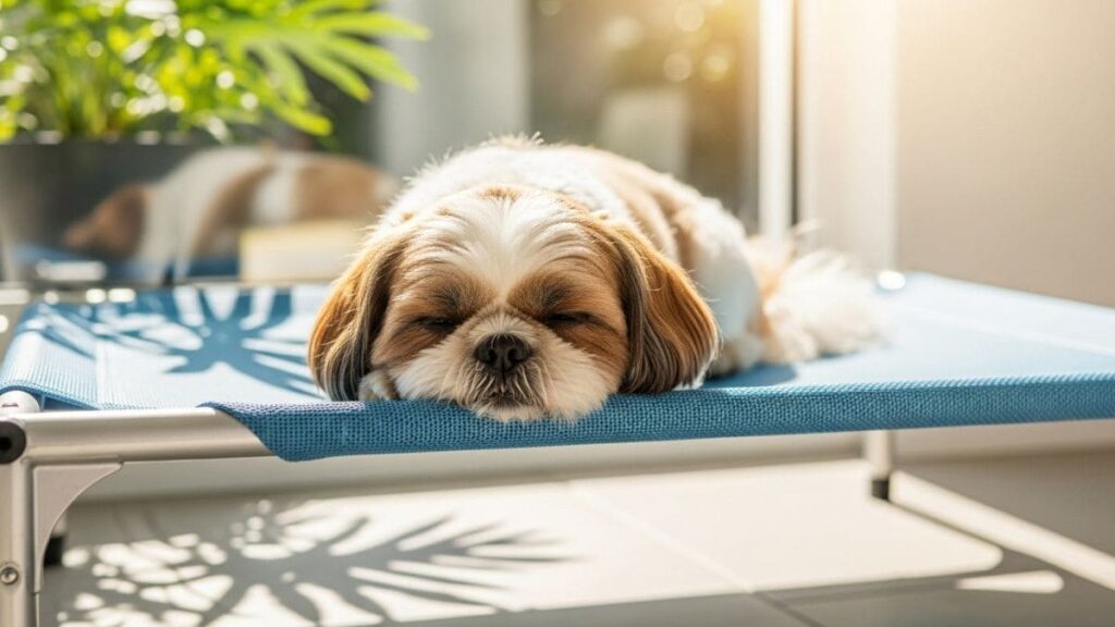 Shih tzu em cama para shih tzu elevada e suspensa com ótima ventilação para dias quentes