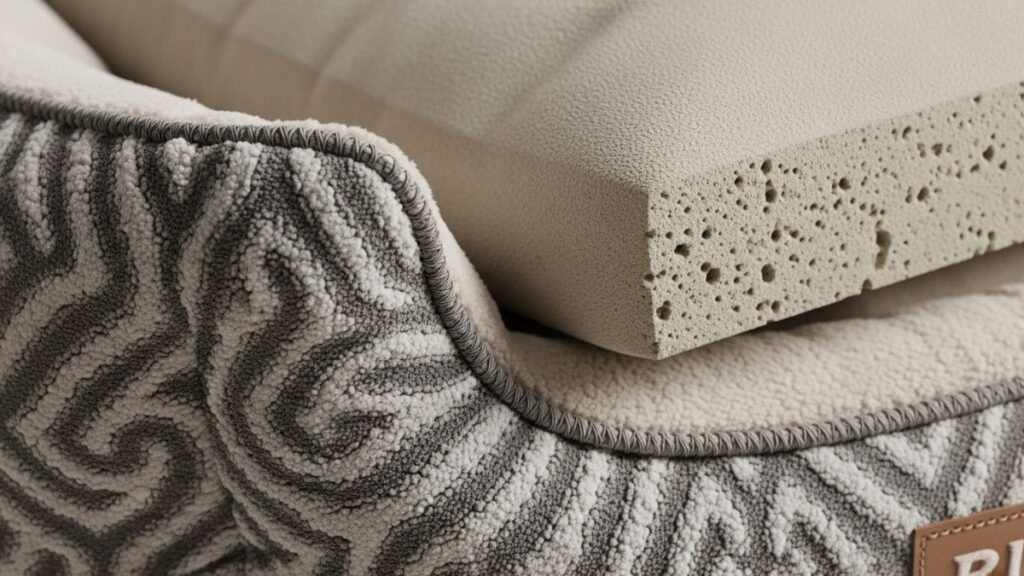 Close de materiais e tecidos premium para cama para shih tzu mostrando texturas e qualidade