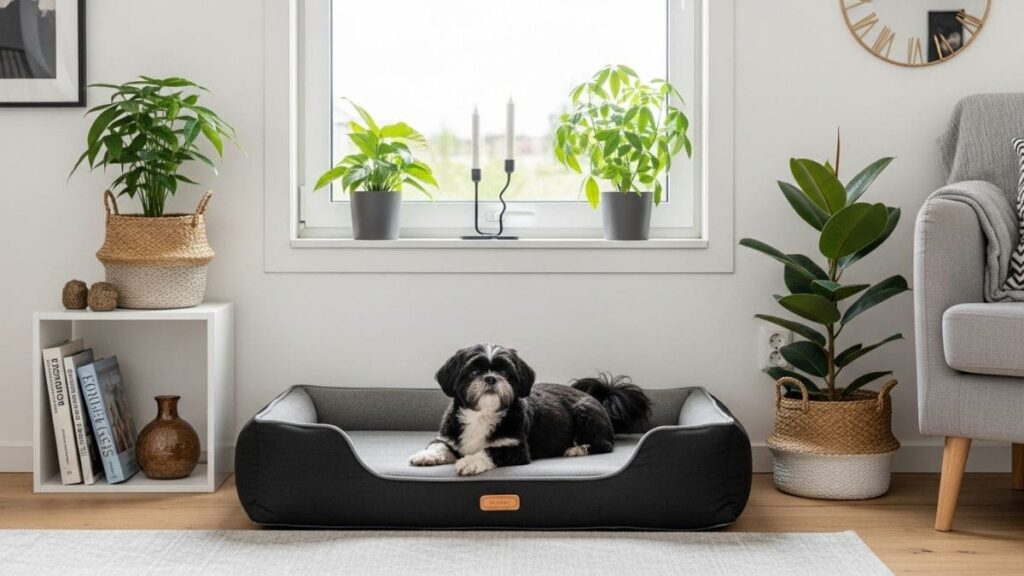 Cama para shih tzu harmonizada com decoração moderna de casa em ambiente aconchegante