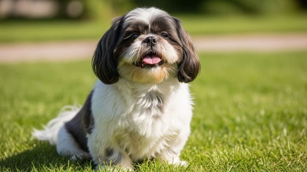 Shih Tzu Pode Comer Ovo? Guia Completo Sobre Esse Alimento na Dieta do Seu Pet 4 Shih Tzu sentado na grama em um dia ensolarado, ilustrando artigo sobre Shih Tzu pode comer ovo.