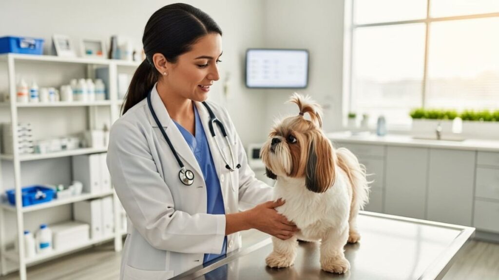 Shih Tzu Pode Comer Ovo? Guia Completo Sobre Esse Alimento na Dieta do Seu Pet 5 Veterinária examinando um Shih Tzu em consultório, destacando cuidados recomendados ao avaliar se o Shih Tzu pode comer ovo com segurança
