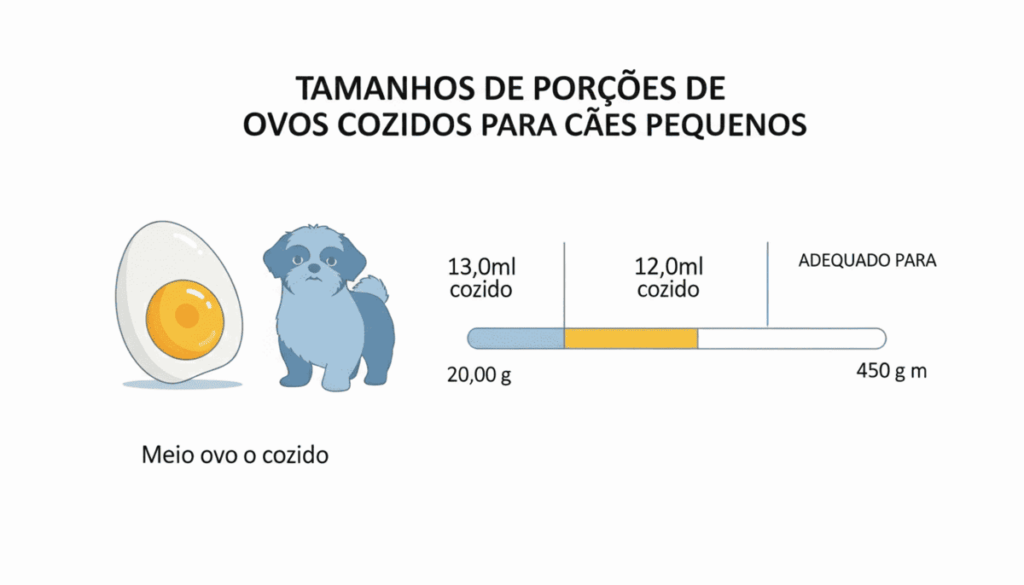 Shih Tzu Pode Comer Ovo? Guia Completo Sobre Esse Alimento na Dieta do Seu Pet 3 Infográfico mostrando porções recomendadas de ovo cozido para cães pequenos, incluindo um Shih Tzu ilustrado ao lado de meio ovo, destacando medidas adequadas – conteúdo do artigo Shih Tzu pode comer ovo