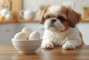 Shih Tzu olhando para uma tigela de ovos cozidos em cima da mesa, relacionado ao tema Shih Tzu pode comer ovo