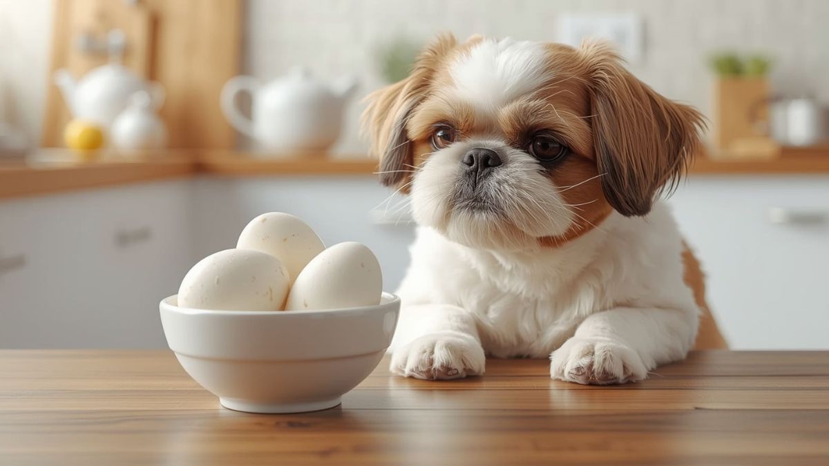 Shih Tzu Pode Comer Ovo? Guia Completo Sobre Esse Alimento na Dieta do Seu Pet 1 Shih Tzu olhando para uma tigela de ovos cozidos em cima da mesa, relacionado ao tema Shih Tzu pode comer ovo