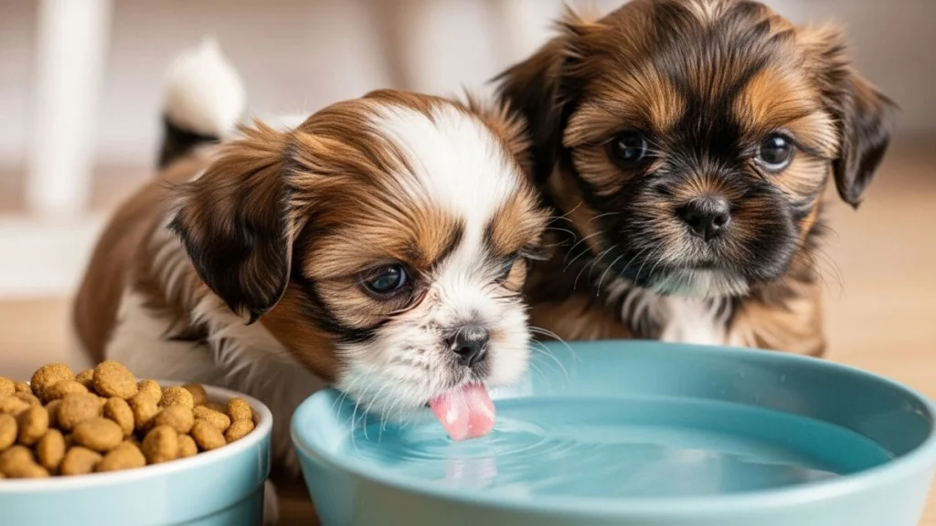 Filhote de Shih Tzu bebendo água fresca após consumir ração seca específica para sua idade