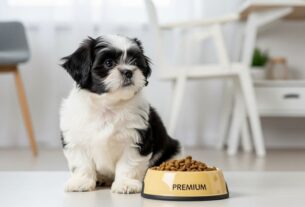 Filhote de Shih Tzu ao lado de pote de ração premium, ilustrando ração para filhote de Shih Tzu.