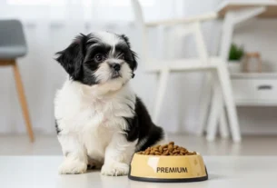 Filhote de Shih Tzu ao lado de pote de ração premium, ilustrando ração para filhote de Shih Tzu.