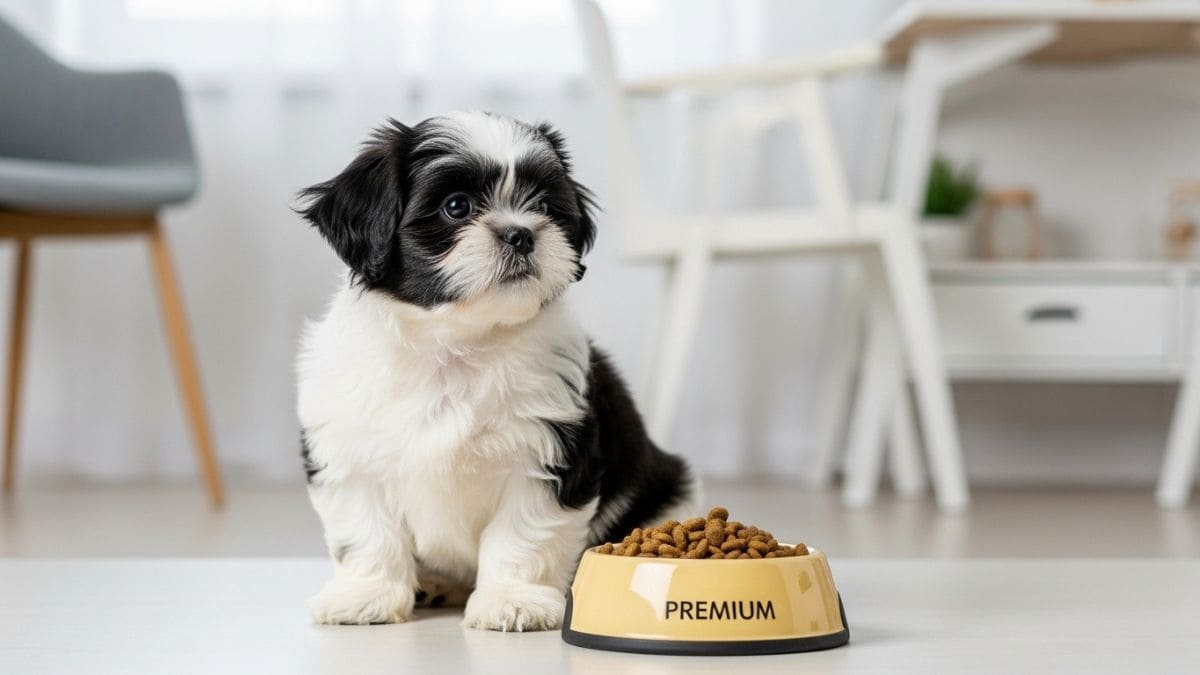 Filhote de Shih Tzu ao lado de pote de ração premium, ilustrando ração para filhote de Shih Tzu.