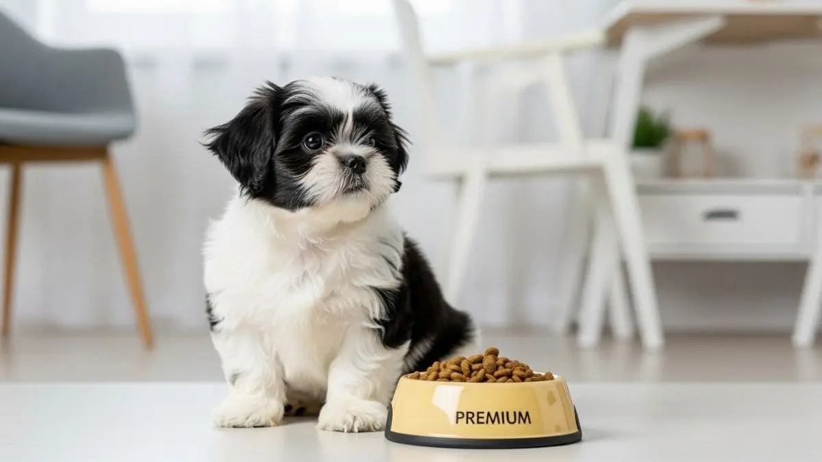 Filhote de Shih Tzu ao lado de pote de ração premium, ilustrando ração para filhote de Shih Tzu.