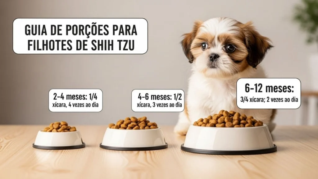 Porções corretas de ração para filhote de Shih Tzu distribuídas em refeições diárias adequadas