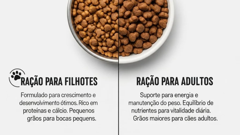 Comparação entre ração para filhote de Shih Tzu e ração para adultos mostrando diferenças no tamanho