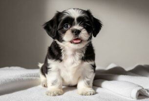 Shih Tzu filhote bicolor com tosa bebê, expressão fofa e língua para fora, foto de destaque para artigo sobre tosa bebê em Shih Tzu