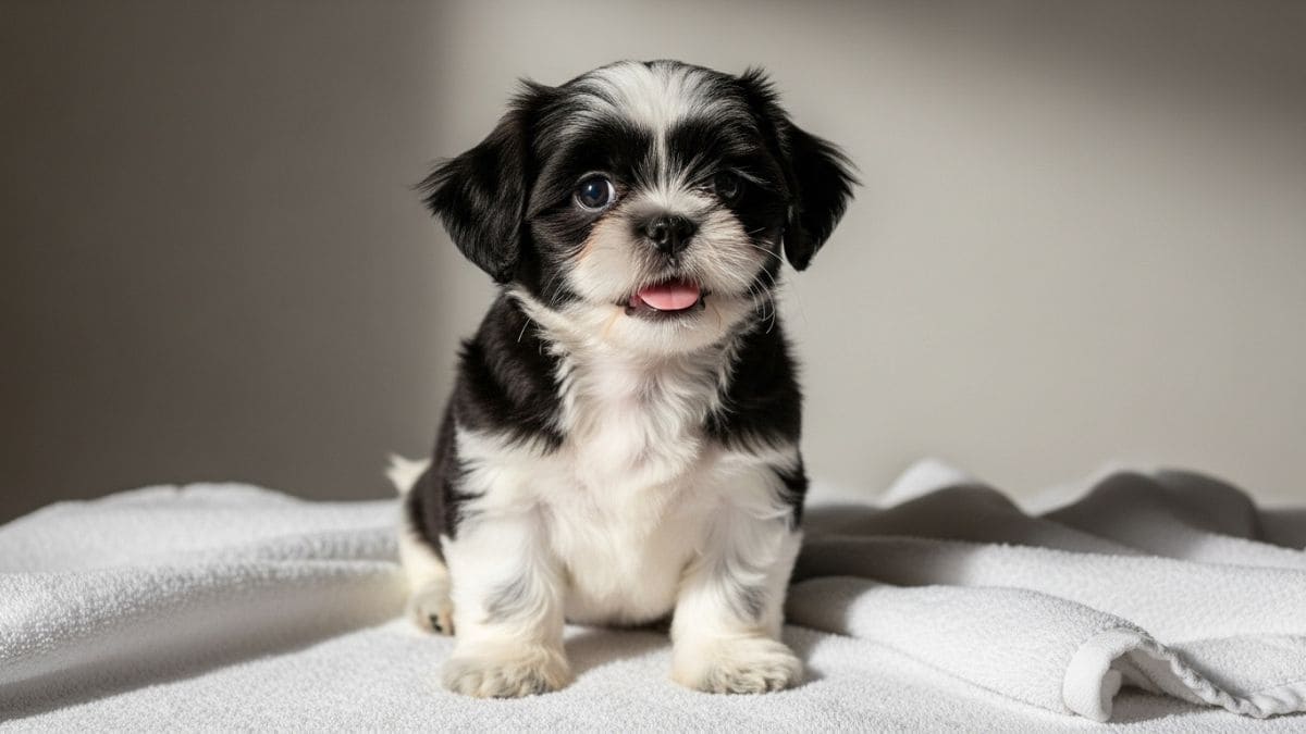 Tosa Bebê em Shih Tzu: Guia Completo com Dicas e Cuidados Essenciais 1 Shih Tzu filhote bicolor com tosa bebê, expressão fofa e língua para fora, foto de destaque para artigo sobre tosa bebê em Shih Tzu