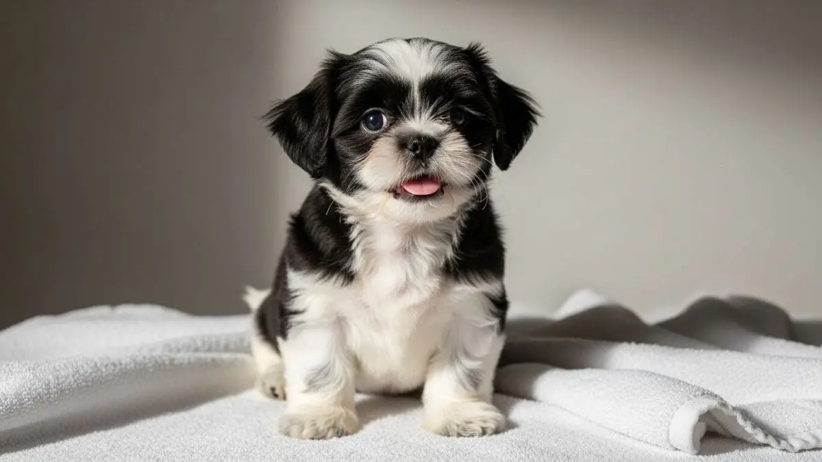 Tosa Bebê em Shih Tzu: Guia Completo com Dicas e Cuidados Essenciais 1 Shih Tzu filhote bicolor com tosa bebê, expressão fofa e língua para fora, foto de destaque para artigo sobre tosa bebê em Shih Tzu