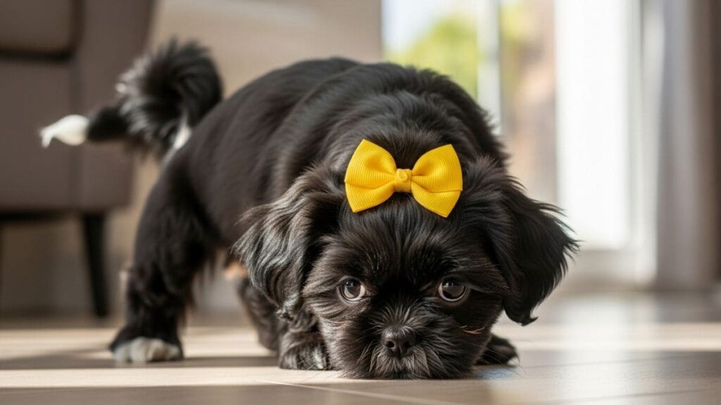 Como Ensinar Shih Tzu a Fazer Xixi no Lugar Certo: Método Completo e Eficaz 2 Shih Tzu preto filhote com laço amarelo e expressão de obediência, próximo ao chão, simbolizando o aprendizado do xixi no lugar certo