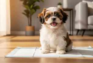 Shih Tzu filhote feliz e fofo sentado em tapete higiênico no chão de madeira, representando sucesso no treinamento Shih Tzu a fazer xixi no lugar certo.representando sucesso no treinamento sanitário e xixi no lugar certotreinamento positivo